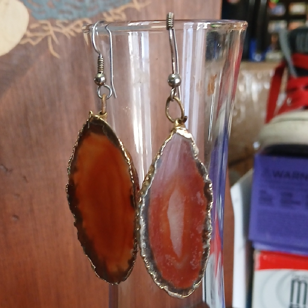 Brown‎ Agate Sliced 2 In.Earrings